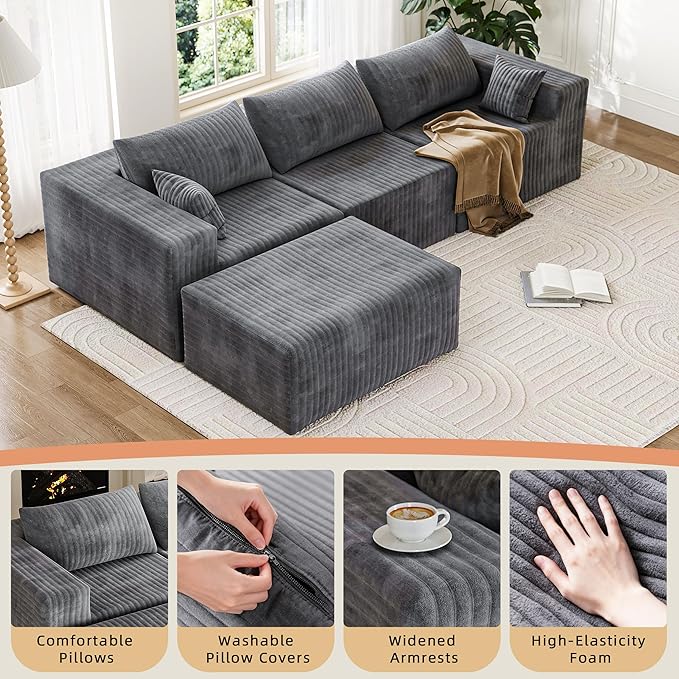 110 Boneless Couches for Living Room Cloud Couch Modular Sectional Sofa with Deep Seat Plush Large Foam Sofa L-Shape Sofa CouchNo Assembly Required Carbon Gray(Plush Corduroy Fabric)