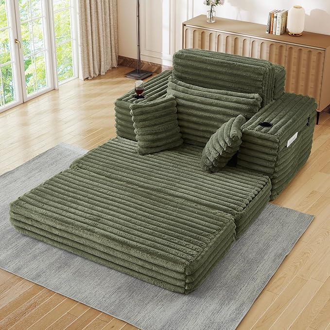 5-In-1 Oversized Chaise Lounge Chair Indoor with Ottoman54.5W Faux Fur Convertible Folding Sleeper Sofa Bed with Cup Holder&ampSide PocketComfy Boneless Couch Sofa Chair for Living RoomBedroom(Gr