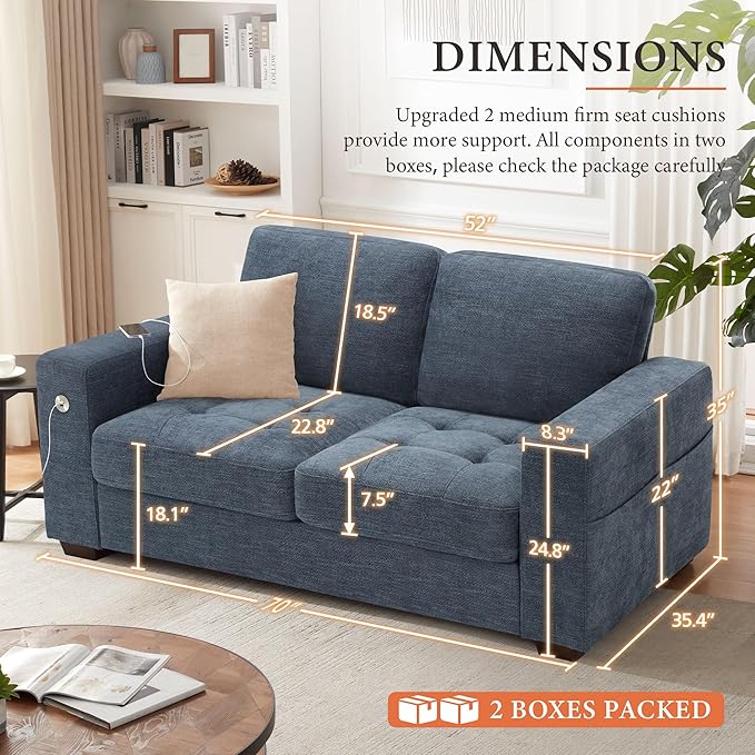 Ihanherry 70 Inch Loveseat Sofa with USB/Type-C Charging Port &amp Side Pocket Comfy Modern 2-Seats Sofa for Living Room &amp Bedroom Removable Medium Firm Sofa Cushion Breathable Chenille Fabric