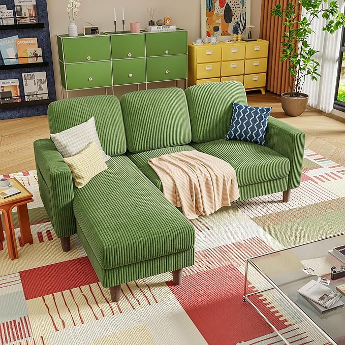 YESHOMY Couches for Living Room Sofa with Movable Ottoman Small Couch with Reversible Chaise and Side Pockets L Shaped Couch for Small Space Apartment (Corduroy Green)