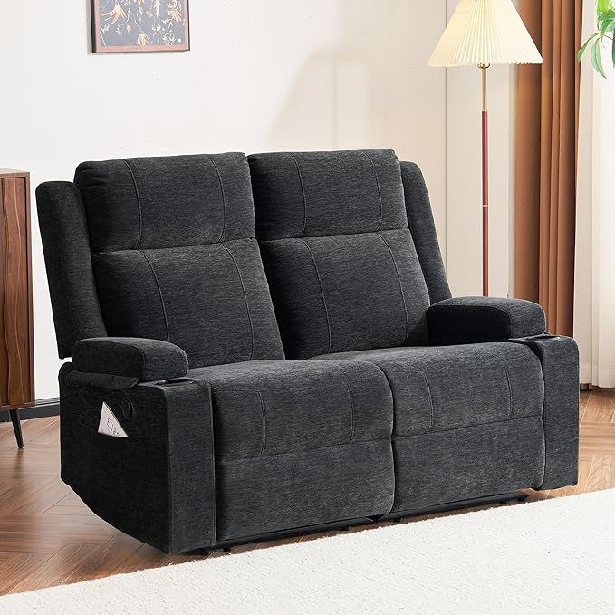 55 Manual Reclining Loveseat Sofa – Space Saving RV Couch with Cup Holders Dual Seat Reclining &amp Love Seat Design Ideal for RV Campers Motorhomes &amp Living Room