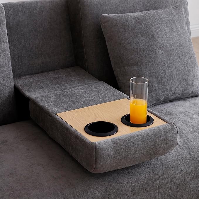 Convertible Sleeper Couch Multi-Functional Sofa Sleeper with Storage Ottoman and 2 Drawers Sectional Couch for Living Room Drop Down Table with 2 Cup Holders Storage Armrest Design (Grey)