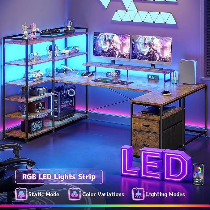 L Shaped Desk with Monitor Stand 63'' Reversible U Shaped Office Desk with 6 Tire Storage Shelves &amp 2 Fabric Drawers Gaming Desk with Power Outlet &amp LED Strip Rustic Brown
