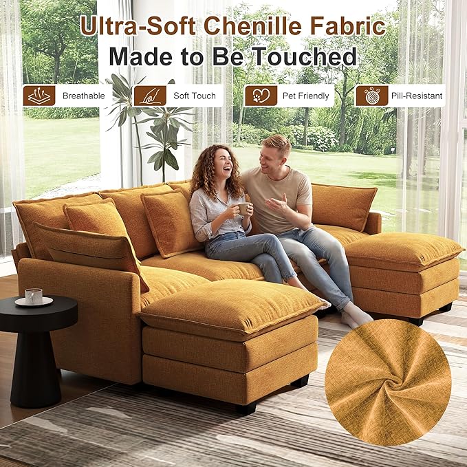 107 Cloud Couch Sectional U Shaped Modular Sectional Sofa 4-Seat Deep Seat Couch with 6 Removable Washable Pillows and 2 Ottoman for Living Room Bedroom Apartment Orange