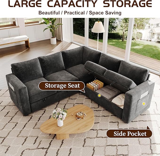 83.5 Sectional Sleeper Sofa with Pull Out Couch Modern 5 Seat L Shaped Modular Couch Sectionals Modular Sofa with Storage Comfy Sectional Couches for Living Room &amp Apartment Dark Gray