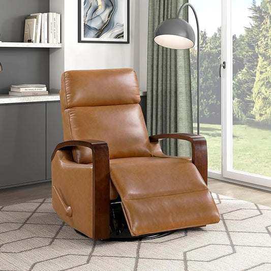 Lexicon 360 Degree Swivel Glider Reclining Chair Breathable Faux Leather Manual Recliner Comfy Nursery Glider Recliner Wood Arms Pull Handle for Living Room/Office/Bedroom/Apartment Camel Brown