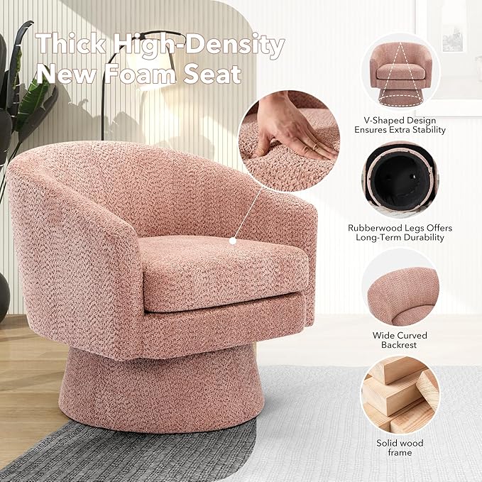 360°Swivel Accent Chair with ArmsComfy Living Room Armchair with Curve Back and Soft CushionRound Chenille Fabric for Living Room Bedroom Office
