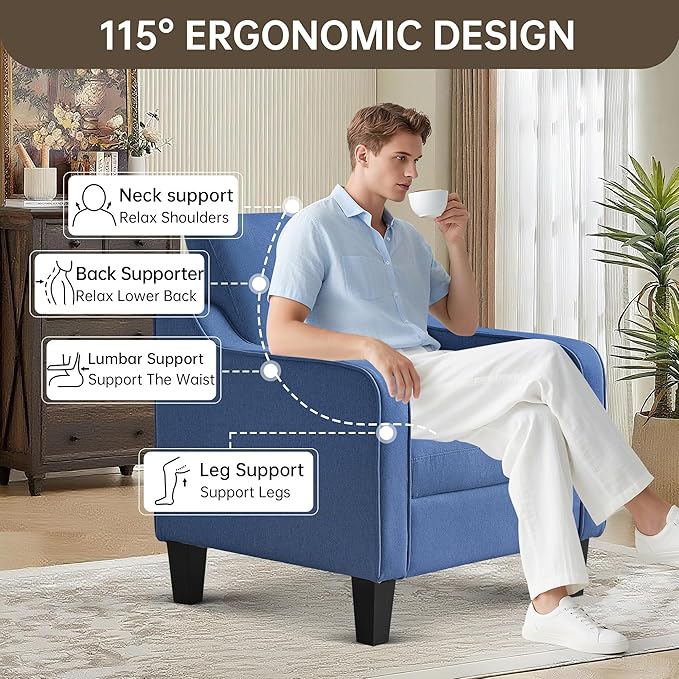 Mid-Century Modern Accent Chair Linen Upholstered Living Room Chair Comfy Reading Armchair Small Single Sofa Chair for Bedroom Office Blue 1PC