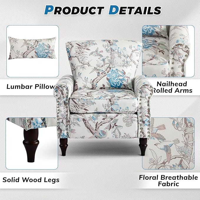 Floral Accent Chair with Lumbar Pillow Retro Wingback Armchair with Nailhead Trim &amp Rolled Arms Modern Linen Fabric Upholstered Recliner for Living Room Bedroom Reading Chair Easy Assembly