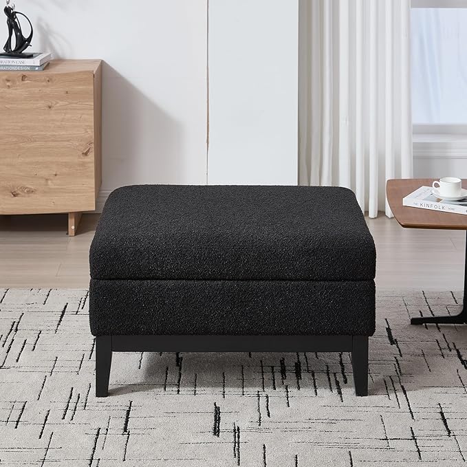 Wood Base Accent Arm Chair with Ottoman and Bolster PillowsStorage Footstool with Reversible Lid Coffee Table for Living Room Office (33.86W Black Foot Stool+Black Base)