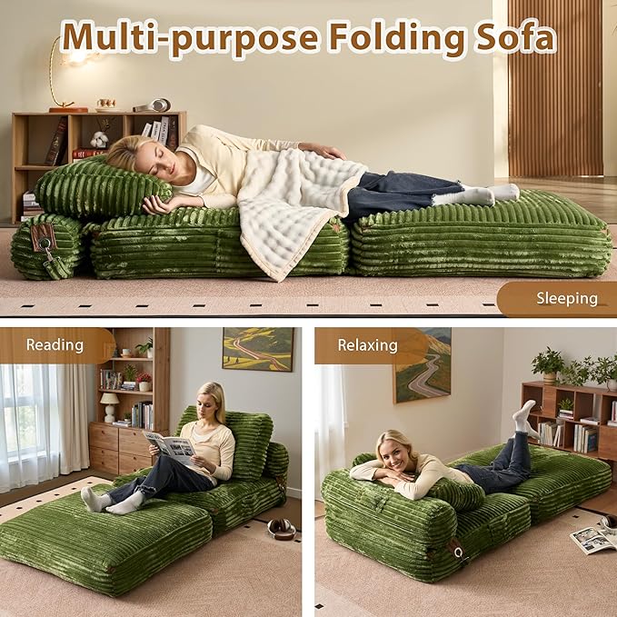 75'' Foldable Sofa Bed Convertible Sleeper Sofa with Pillow Boneless Corduroy Foldable Couch Bed Single Sleeper Chair for Small Spaces Living Room Bedroom StudioGreen
