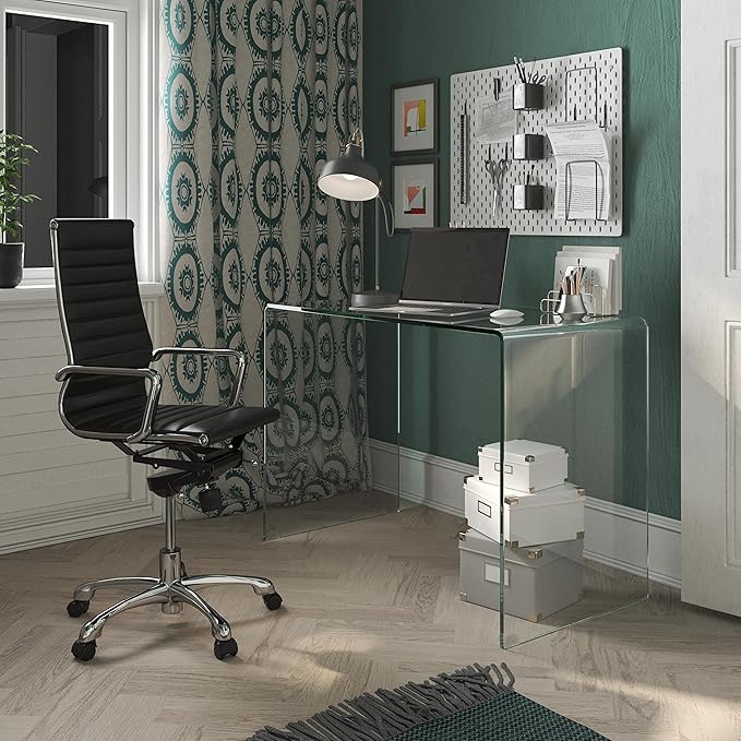 Neos Modern Furniture Bent Glass Computer Desk Rectangular Shaped PC Laptop Workstation Table for Home Office Clear