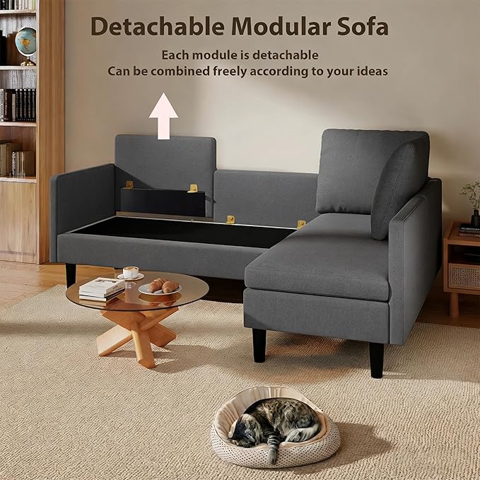 Gizoon Modular Sectional Sofa Convertible L Shaped Couch 4 Seat Modern Sofa Bed with Detachable Modules Terry Cloth Fabric 6 Legs for Living Room Apartment Small Space Dark Grey