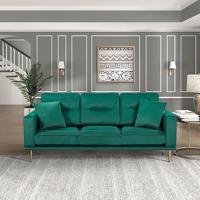 Lexicon Velvet Sofa Couch Modern Couches Metal Seat Base Metal Legs with Gold-Tone Finish 82 inch Sofa with 2 Throw Pillows 3 Seater Couches for Living Room Bedroom Apartment Green