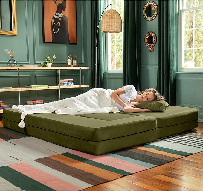 Jaxx Zipline Convertible Sleeper Sofa &amp Three Ottomans/California King-Size Bed Moss