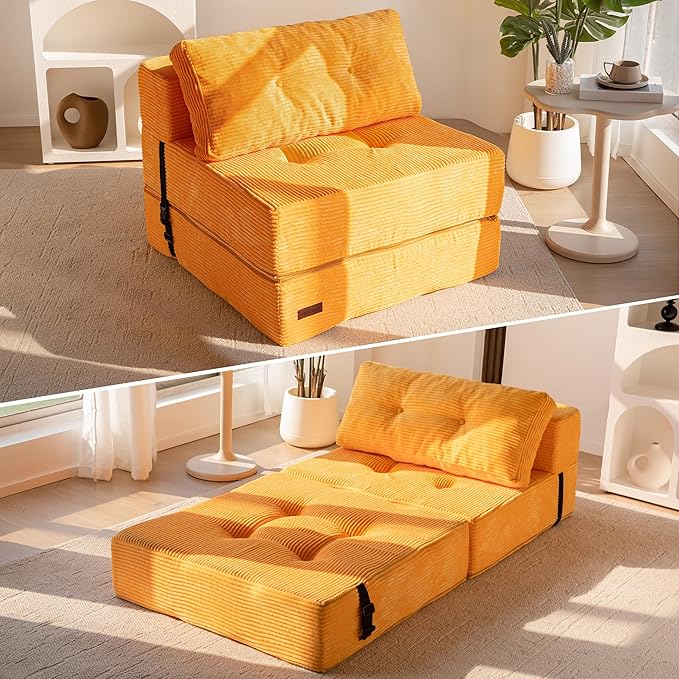 MAXYOYO Folding Sofa Bed Convertible Sofa Bed with High-Density Support Foam Portable 4 in 1 Fold Out Chair to Floor Lounger Versatile Floor Couch for Living Room Bedroom Orange