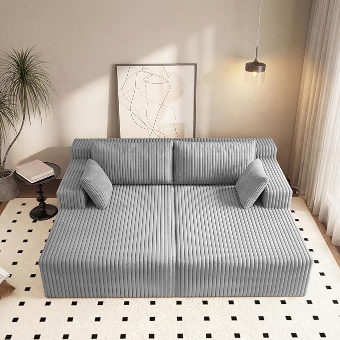 71-Inch Fluffy Corduroy Boneless Sleeper Daybed Loveseat Double Recliner Chaise Lounge Sofa Couches Floor Cloud Sofa Chaise W/4 Pillows for Home Apartment Living Room