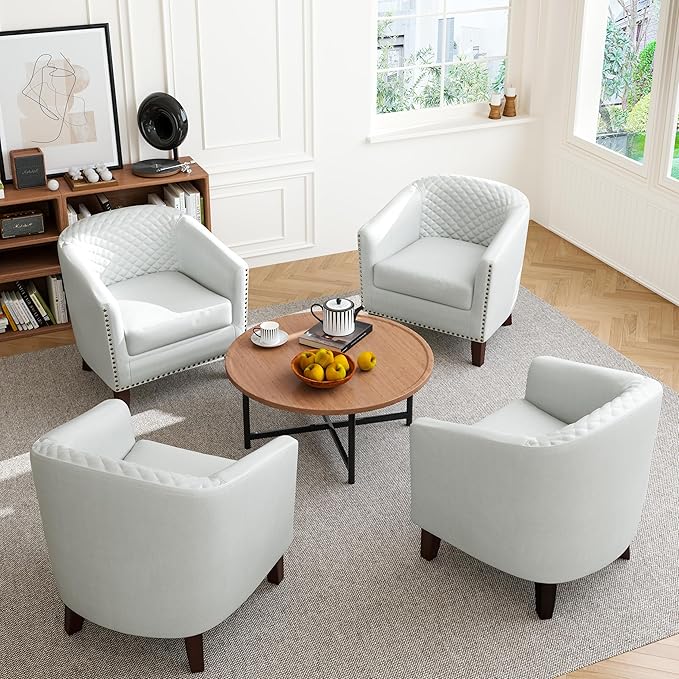 Accent Barrel Chair Upholstered Faux Leather Club Chair with Nailed Trim Comfy Reading Armchair for Living Room Bedroom Reception Room Office (White Set of 2)