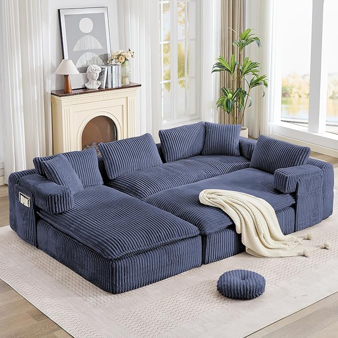 Oversized Cloud Boneless Couch with Chaise 149 Modern U Shape Modular Deep Seat Sectional Sofa Comfy Corduroy Upholstered Couches for Living Room No Assembly Required Navy Blue