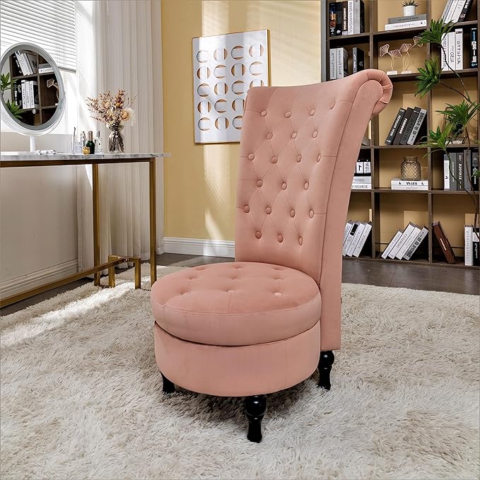 Royal High-Back Velvet Accent Chair for Vanity with Storage and Luxurious Upholstery Retro Design and Versatile Usage for Living Room Bedroom Lounge and Office Rose