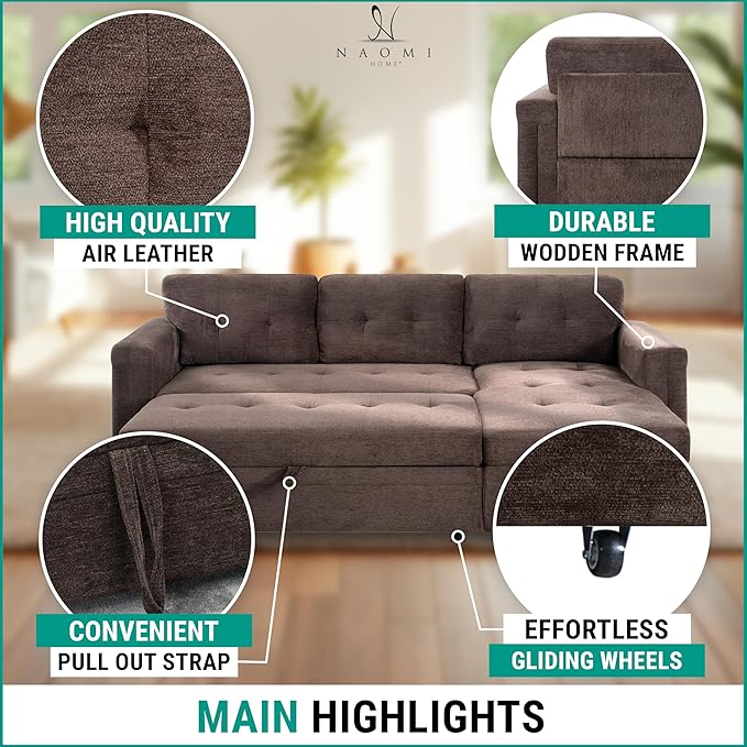 Naomi Home L-Shaped Sectional Sleeper Sofa with USB Ports - Convertible Pull-Out Bed Ample Storage Timeless Design Durable Construction Espresso/Microfiber