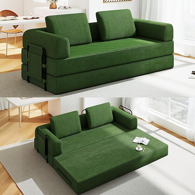 Convertible Sofa Bed 5-in-1 Pull-Out Futon Boneless Couch for Living Room &amp Guest Room Corduroy Sleeper Sofa with Steel Support Brackets 78.7 3-Seater with 2 Pillows (Jade)