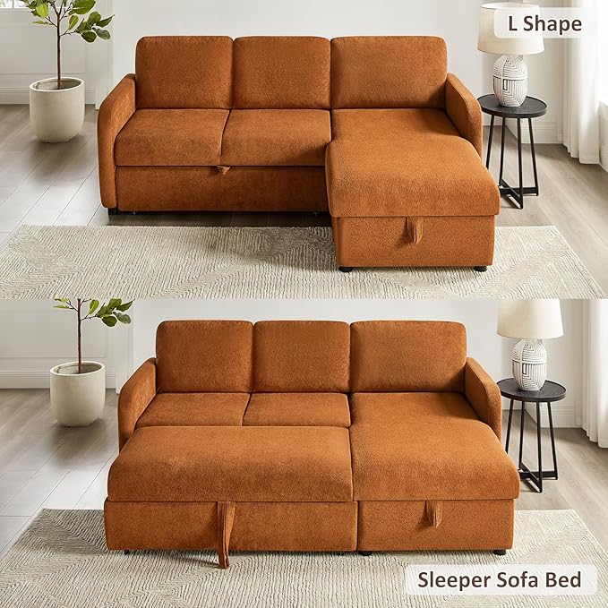 84-inch Sleeper Sofa Bed L-Shaped Corner Reversible Sleeper Sectional Sofa with Storage Chaise 2 in 1 Cloud Terry Convertible Pull Out Couch for Small Space Bedroom Apartment Office Living Room