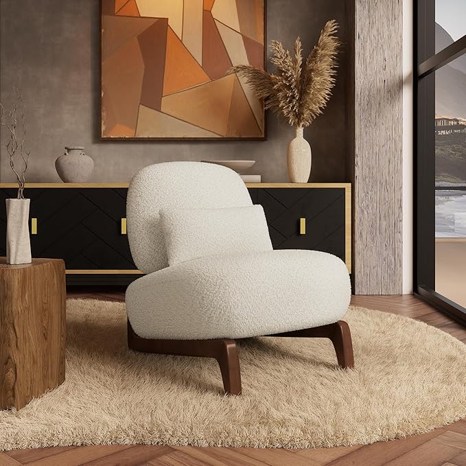 Morden Fort Boucle Chair Upholstered Accent Chair Tilted Wooden Leg with Durable Comfy Boucle Pet-Friendly Thick Cushion &amp Pillow Armless Modern Chairs for Living Room Bedroom Reading Beige