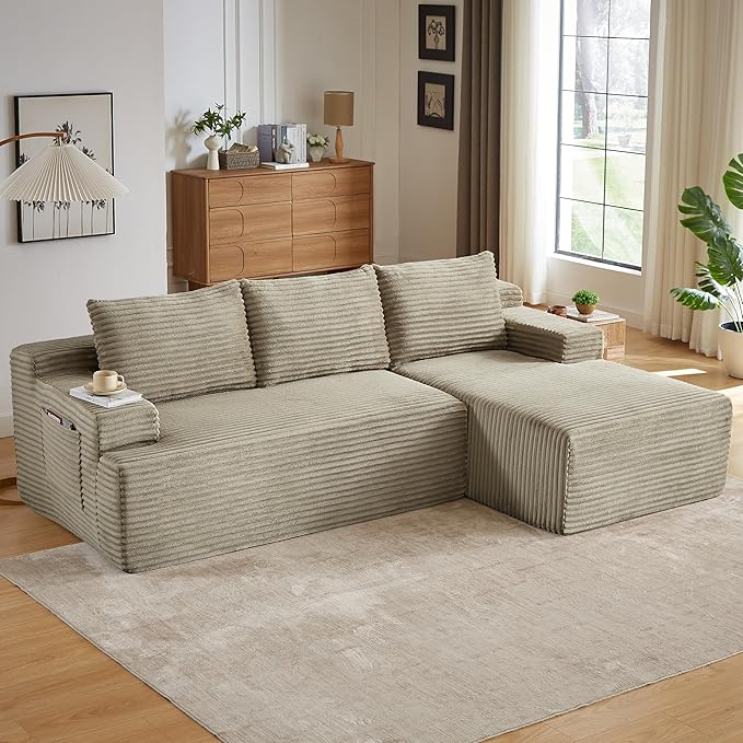 Modern Corduroy Modular Sectional Sofa96.1 Minimalist Style L-Shaped 3 Seat Couch with Side Storage PocketsComfortable Chaise Lounge for Living RoomReception AreaCamel Right Chaise Lounge
