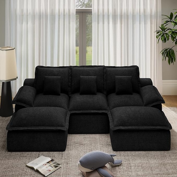 Modular Sectional Sofa 107'' Boneless Couches for Living Room 5-Seat Sofa with 2 Ottomans Cloud U Shaped Couch No Assembly Required Chenille Black