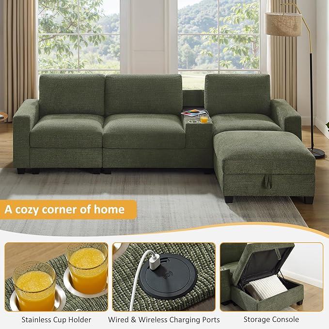 VANOMi 118 Convertible Sectional Sofa with Storage Ottoman Comfy 3 Seater Chenille Fabric Couch with Charging Ports &amp Cup Holders Modern L Shaped Couches for Living Room Apartment (Green)