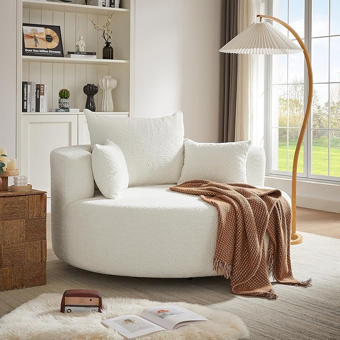 360° Swivel Chair Accent Barrel Chair Swivel Round Sofa Chair with 3 Removable Pillows for Living Room Bedroom Office and Hotel (Beige@80)