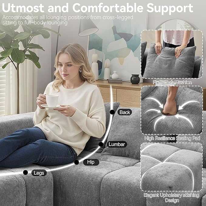 119 Oversized Cloud Boneless Couches for Living Room Modern Tufted Modular Sectional Sofa with Deep Seat &amp Movable Ottoman L Shaped Memory Foam Chenille Couch No Assembly Required Light Grey