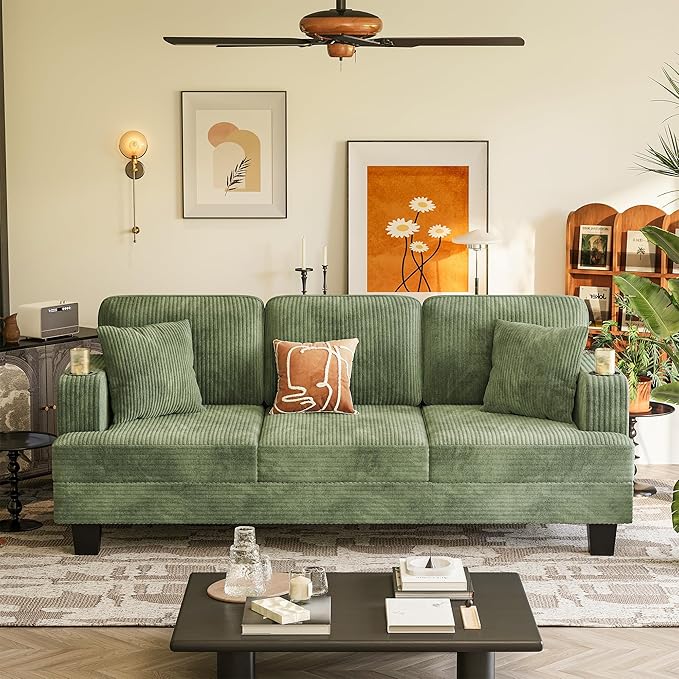 YESHOMY Couches for Living Room Comfy Corduroy Cloud Couch 3 Seater Sofa with Deep Seat Modern Couch with 2 Pillows and 2 Cup Holders for Apartment (Green) | Deep Seat Cloud Cousion Soft Pillows