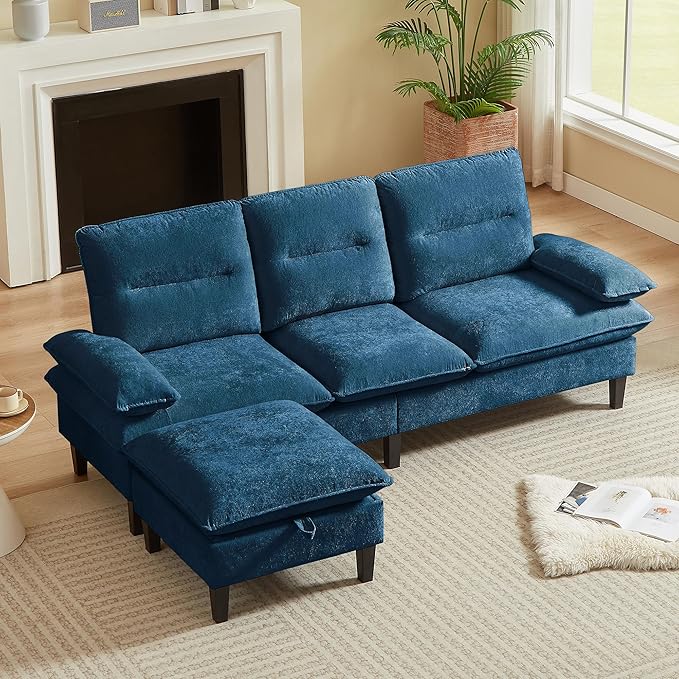 86'' Chenille Sofa with Storage Ottoman Modern Living Room Sofa with Removable Washable Cushion 3 Seater Comfy Couch for Apartment Bedroom Office (Blue)