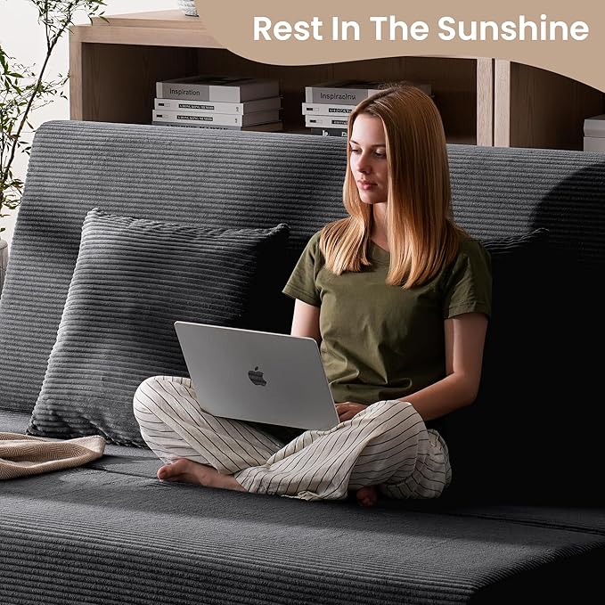 Folding Sofa Bed Convertible Sleeper Chair with Pillows High Support Memory Foam &amp Soft Corduroy Fbric Comfy Couch Bed Floor Loveseat Couch for Living Room Apartment Guest RoomBlack