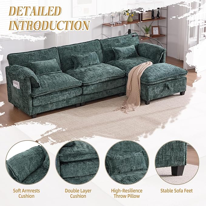 KEIKI 110 L-Shaped Boucle Modular Sectional Chenille Sofa with 1 Ottoman &amp Memory Foam Cushion &amp Phone Holder &amp USB Upholstered Oversized 4-Seater Couch Easy Assembly for Living Room