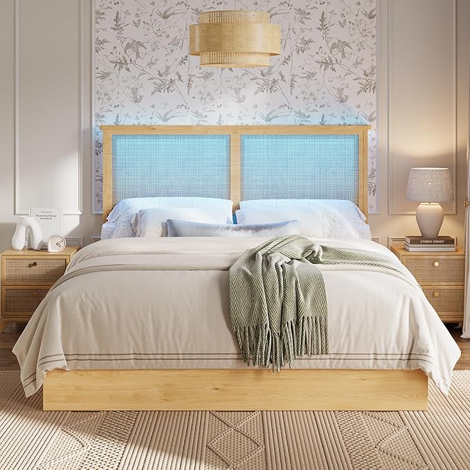GAOMON Full Size Rattan Bed Frame with 4 Storage Drawer Boho Style Rattan Bed with LED Light &amp Natural Headboard Sturdy Wooden Slats Support No Box Spring Needed
