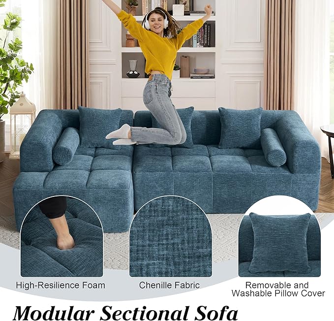 101.2 L Shaped Sofa Cloud Sectional Couch with Deep Seat Modern Boneless Couch with Chaise Memory Foam Couches for Living Room Apartment Office Blue