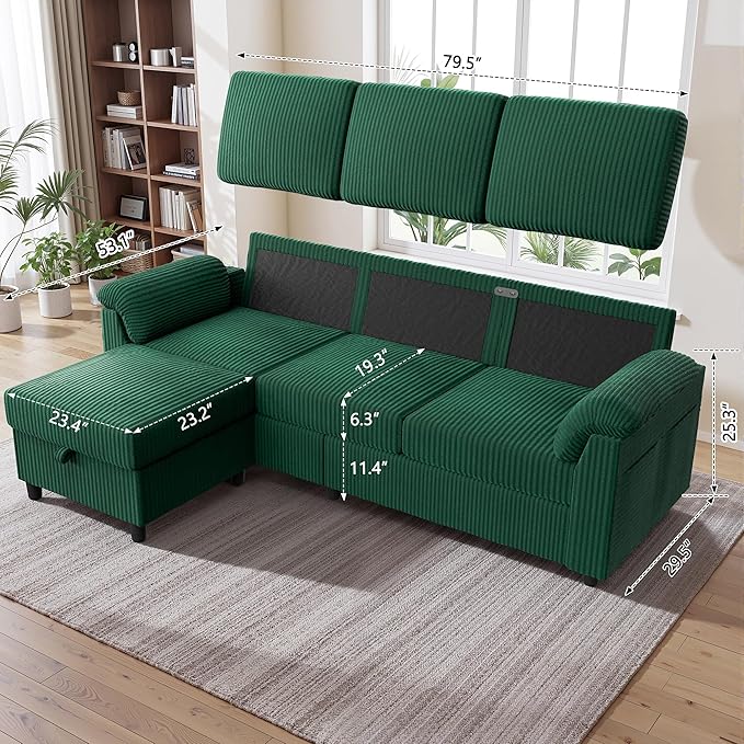 Walsunny 79 Convertible Sectional Sofa Reversible Modern L Shaped 3 Seat Modular Sofa Couch with Pillows and Storage Ottoman for Living Room（Green）