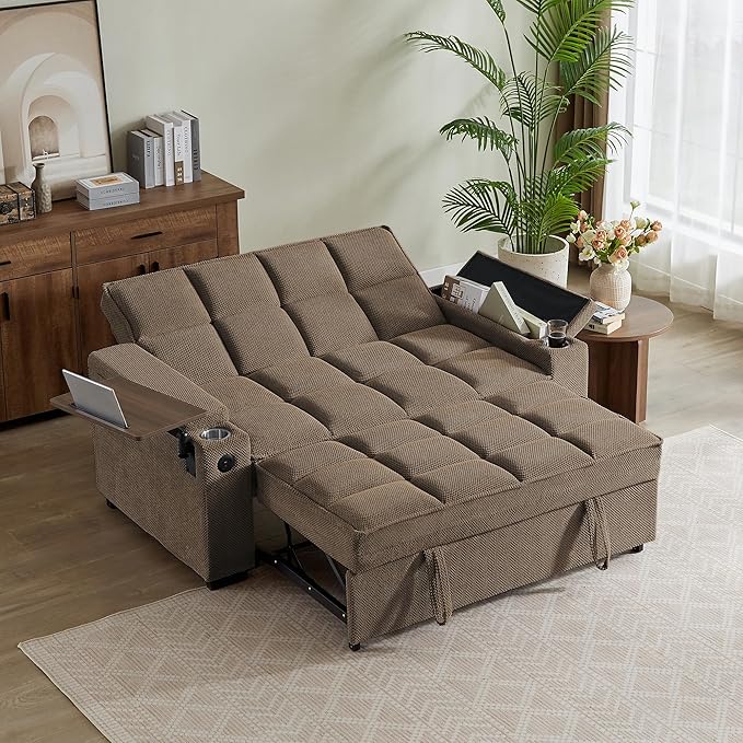 Eafurn Convertible Sleeper Sofa Bed with 360° Swivel Table &amp USB Ports Tufted Chenille Loveseat Pull-Out Couch with Storage Armrest &amp Cup Holders 6-Level Adjustable Backrest