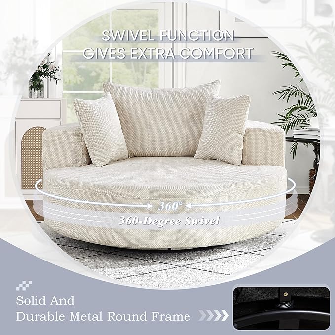 SLEERWAY 55W Oversized Swivel Accent Chair Large Barrel Chairs Upholstered Round Swivel Chair Chenille Single Sofa Armchair Modern Sleeper Chair for Living Room Lounge and Projection Room Beige