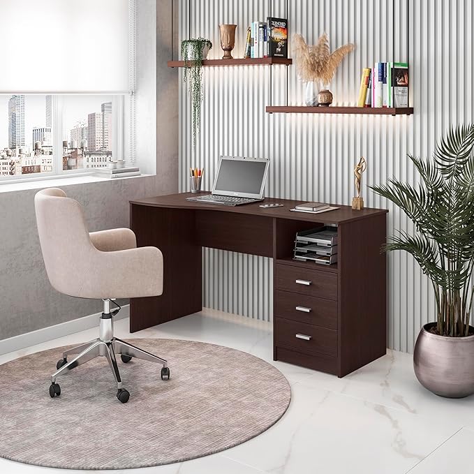 Techni Mobili 51 Classic Computer Desk with Drawers 3-Drawer Home Office Desk with Storage (Brown)