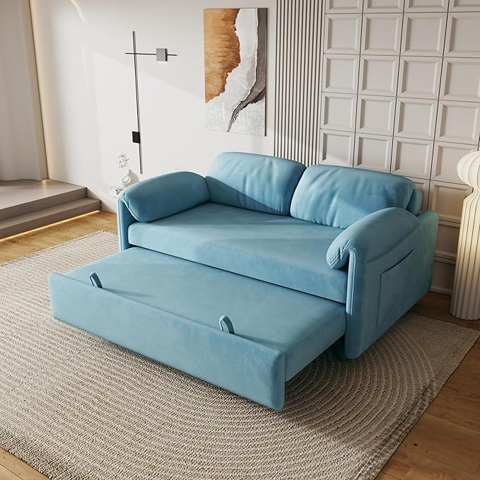 KEIKI 3 in 1 Convertible Pull Out Sofa Bed with Adjustable Backrest &amp Side Pockets Velvet Recliner Couch Sleeper Sofa Chair for Living Room Small Spaces Full Blue