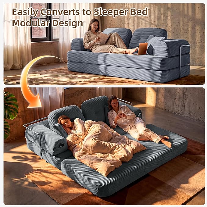 Convertible Modular Sofa Bed with Large Backrest Support &amp Storage Pockets Modern Corduroy Floor Couch for Small Apartment &amp Limited Space Ergonomically Designed Furniture (Gray 82'')