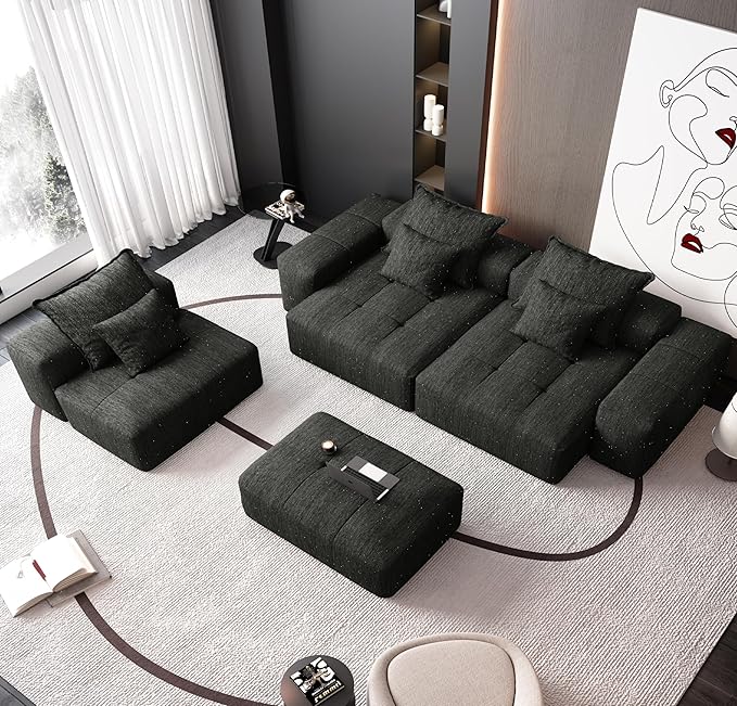 184'' Cloud Couch Modular Sectional Sofa with Ottoman Chenille Oversized Compression Boneless Sofa 6 PC DIY Combination Sleeper Chaise Longue Minimalist Couches for Living Room Black