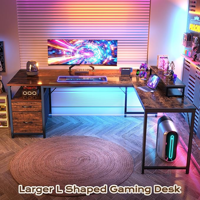 PRAISUN 63 Inch L Shaped Desk with Power Outlets and USB-C Port Computer Corner Home Office Desk with File Fabric Drawers and Movable Monitor Stand Larger Storage Gaming Writing Rustic Brown