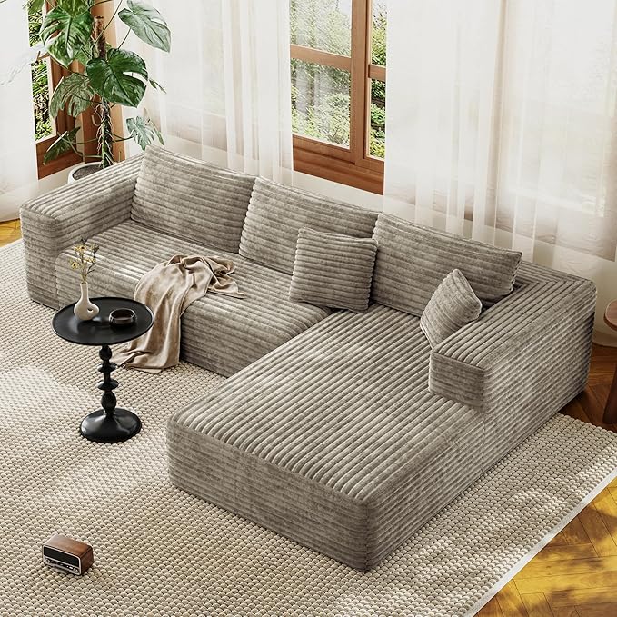 107 Modular Sectional Couches for Living Room Comfy L-Shaped Boneless Cloud Couch with Chaise Modern Deep Seat Corduroy Floor Sofa No Assembly Required (Right Facing Chaise Khaki) | High-density