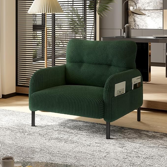 Emerald Accent Chair - Corduroy Living Room Chairs with Side Storage Pockets and Durable Legs Comfy Arm Reading Chair with Soft Backrest for Bedroom Balcony Study Room