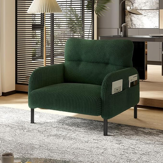 Emerald Accent Chair - Corduroy Living Room Chairs with Side Storage Pockets and Durable Legs Comfy Arm Reading Chair with Soft Backrest for Bedroom Balcony Study Room